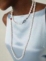 51" LONG PEARL NECKLACE — BLACKENED SILVER CLASP