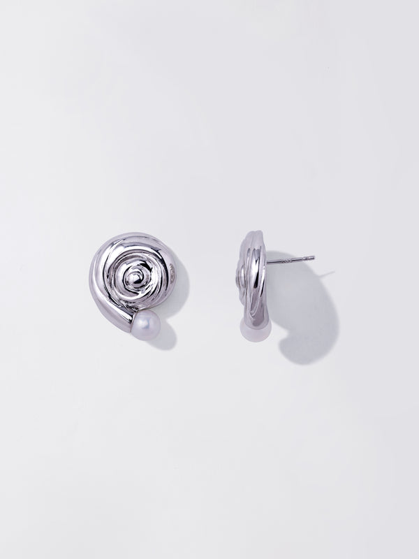 SILVER BIWA WHORL PEARL EAR STUDS