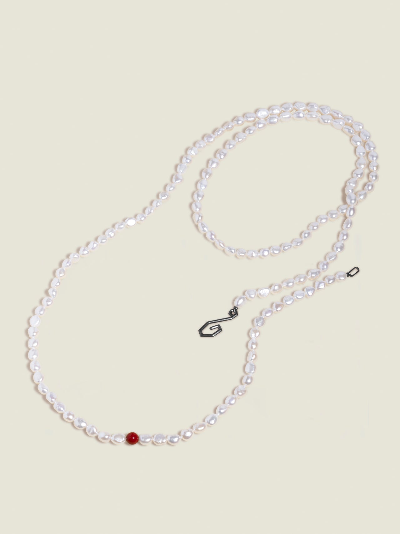 51 Inch Long Pearl Necklace — Black Silver Clasp