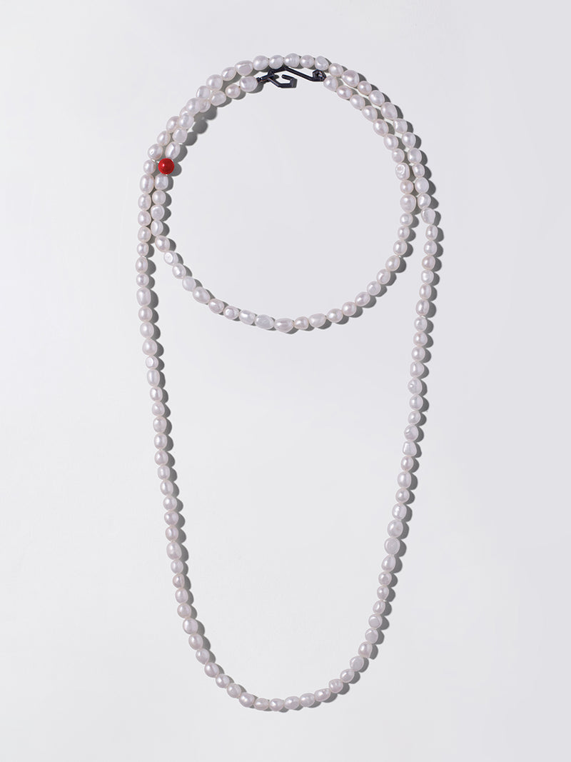 51" LONG PEARL NECKLACE — BLACKENED SILVER CLASP